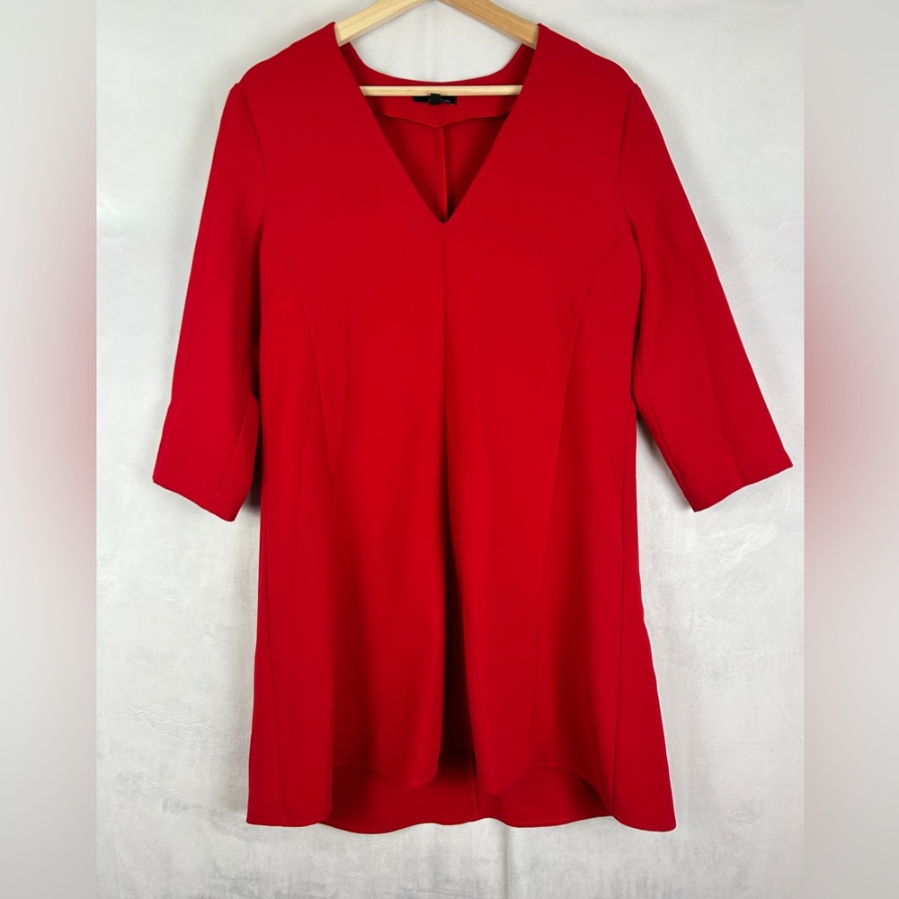TOUPY Paris Red V-Neck Shift Dress Size Medium 3/4 Sleeve‎ Classic Chic Event